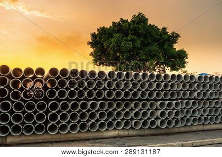 Row Of Storage Sewage Drainage Concrete Pipeline, Manufacturing Plant Of Material Construction, Stac