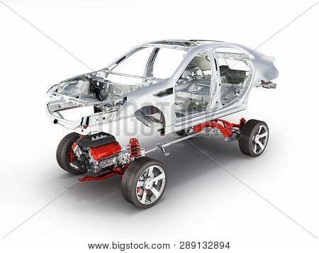 Body And Suspension Of The Car With Wheel And Engine Undercarriage With Bodycar In Detail Isolated O