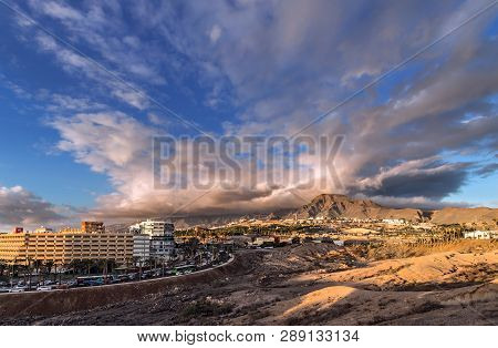 Costa Adeje, Tenerife, Spaine - February 16, 2019: Panoramic Cityscape Of Costa Adeje Neighborhood W