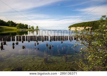Michigan State Parks. Gorgeous View Of Lake Michigan Harbor And Limestone Cliffs In Fayette State Pa