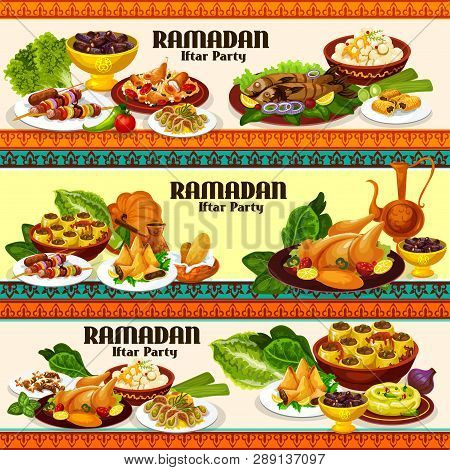 Ramadan Food And Iftar Party Dishes With Traditional Arab Coffee, Chicken Rice Biryani And Dates, Sa