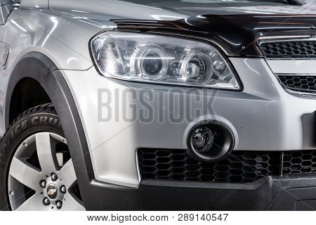 Novosibirsk, Russia - March 11, 2019:  Chevrolet Captiva,close-up Of The Headlights. Photography Of 