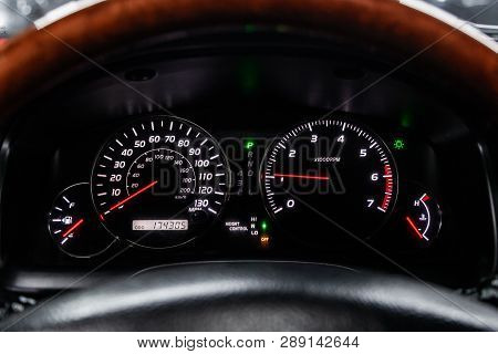 Novosibirsk, Russia - March 11, 2019:  Lexus Lx-470,close-up Of The Dashboard, Speedometer And Tacho