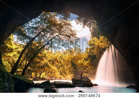 Photographer At Heo Suwat Waterfall In Khao Yai National Park Famous Waterfall Park In Thailand . Au