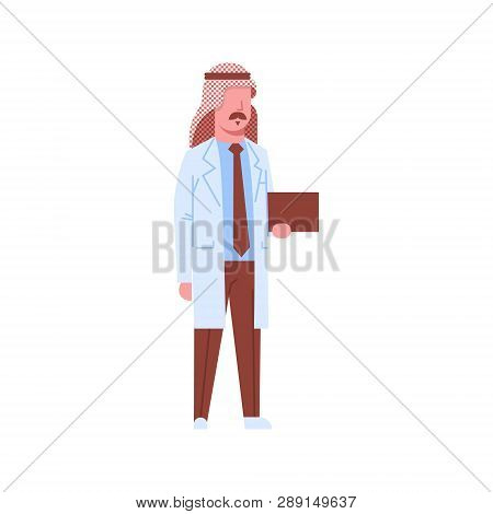 Arab Male Doctor Holding Checklist Arabic Man In Keffiyeh And Uniform Hospital Medicine Worker Carto