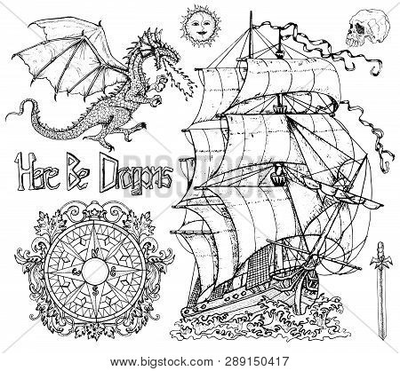 Design Set With Ancient Sailboat, Dragon, Compass, Skull And Sword. Vector Sketch Of Fantasy Epic, A