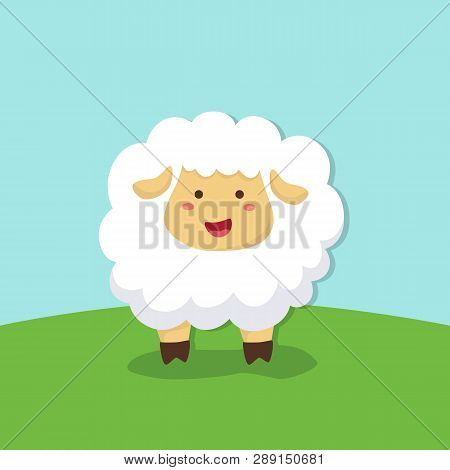 Cute Sheep Standing Facing Front On Field Vackground Vector Illustration