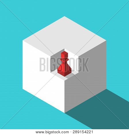 Red Isometric Chess Pawn In Niche Of White Cube On Turquoise Blue Background. Market, Opportunity An