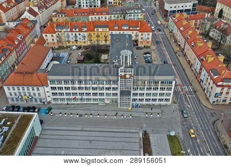 Koszalin, Poland - 06 March 2019 - Aerial View On City Koszalin, Area Of City Town Hall, Pko Bank An