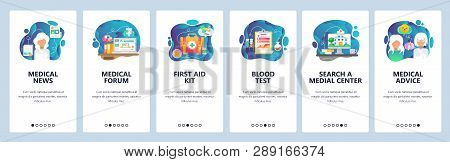 Mobile App Onboarding Screens. Medical Doctor Prescription, Hospital And Clinic Building, First Aid 