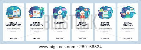 Mobile App Onboarding Screens. Surgeon Doctor, Online Medical Help, Dental Records . Menu Vector Ban