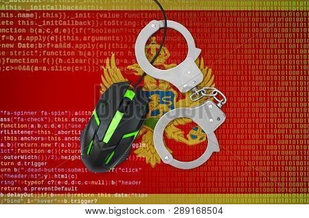 Montenegro Flag  And Handcuffed Computer Mouse. Combating Computer Crime, Hackers And Piracy