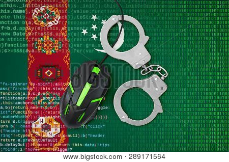 Turkmenistan Flag  And Handcuffed Computer Mouse. Combating Computer Crime, Hackers And Piracy