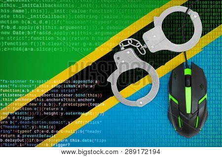 Tanzania Flag  And Handcuffed Computer Mouse. Combating Computer Crime, Hackers And Piracy