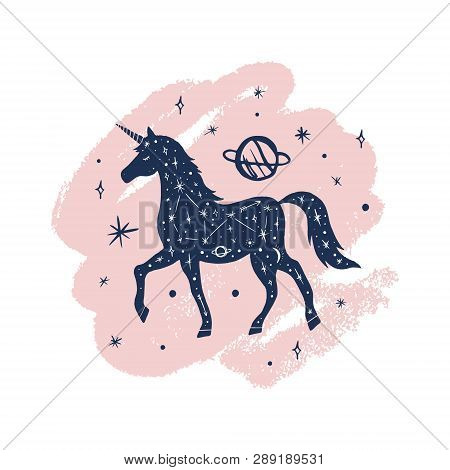 Vector Patterned Night Unicorn, Moon And Stars, Space Constellations. Beautiful Onamental Animal Pri