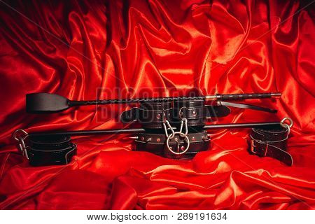 Close Up Bdsm Outfit. Bondage, Kinky Adult Sex Games, Kink And Bdsm Lifestyle Concept With A Pair Of