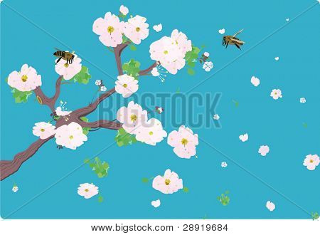 Cherry blomstre på en gren med bier og blomster flyver i vinden - vektor illustration