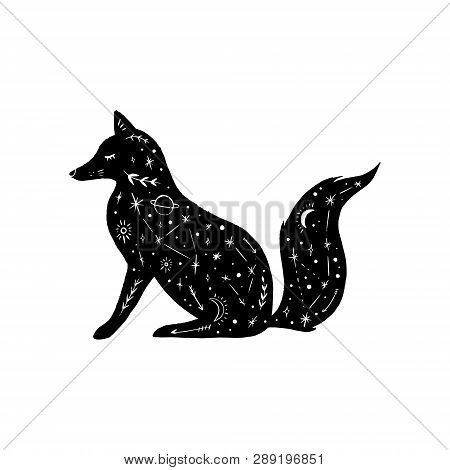 Vector Patterned Polar Fox, Moon And Stars, Space Constellations. Beautiful Onamental Animal Print, 
