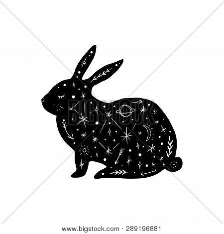 Vector Patterned Polar Rabbit, Moon And Stars, Space Constellations. Beautiful Onamental Animal Prin