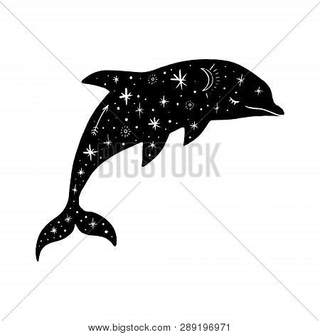Vector Patterned Polar Dolphin, Moon And Stars, Space Constellations. Beautiful Onamental Animal Pri