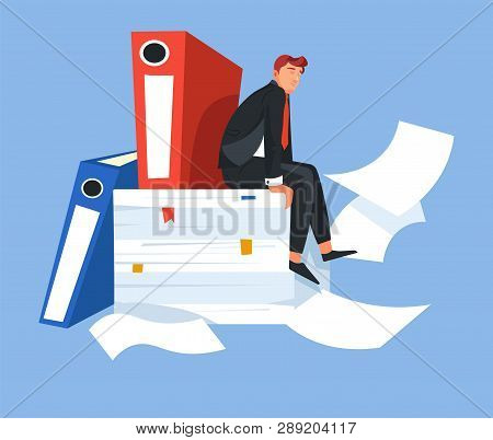Man On Documens Pile Folders Financial Report Work Load