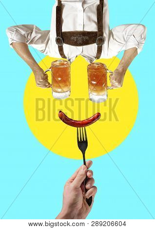 Contemporary Art Collage. Germany, Bavaria, Upper Bavaria. The Man With Beer Dressed In Traditional 