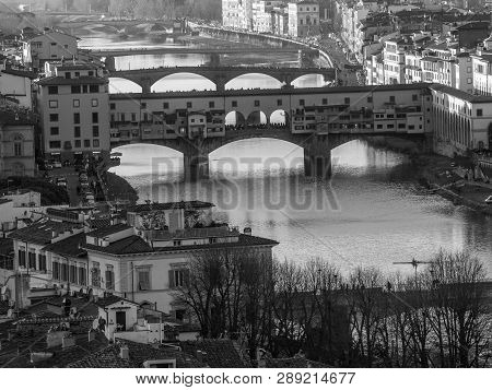 Panoramic View Of The River Arno With The Ponte Vechio From A Point Of View Of Height