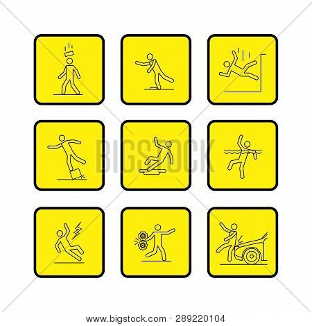 Common Accidents Signs Black Thin Line Icon In Box Set. Vector