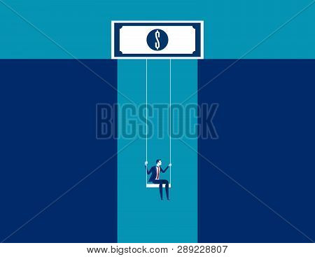 Businessman On Swing Dangling From Dollar Sign. Concept Business Vector.
