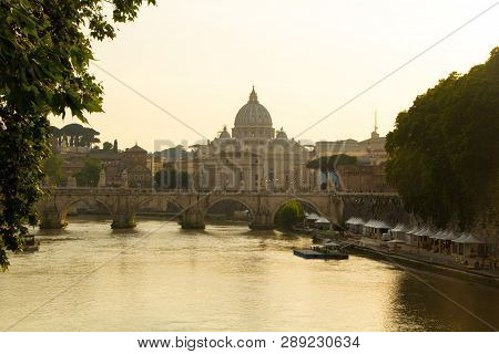 Beautiful View Of St. Peter's Basilica In The Vatican From The Tiber River In Rome. St. Peter's Basi