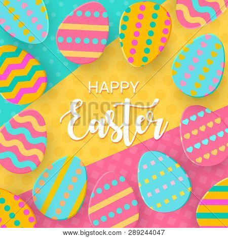 Happy Easter Greeting Banner With A Lettering. Paper Cut Egg. Layered Eggs Hunt. Geometry Holiday Co
