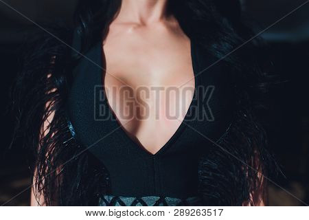 Perfect Sexy Womans Body Close Up In A Black Chiffon Evening Cocktail Dress With Big Breasts With A 