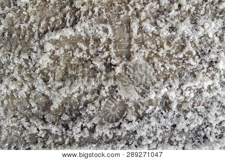 Dirty Footprints In The Snow In The Spring. Footprints In The Snow. Snowbreak, Thaw. Spring. Snow Ba