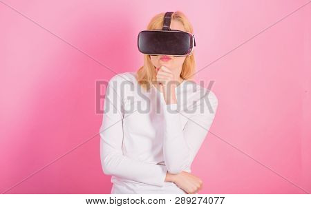Excited Smiling Businesswoman Wearing Virtual Reality Glasses. Pretty Woman Playing Game In Virtual 