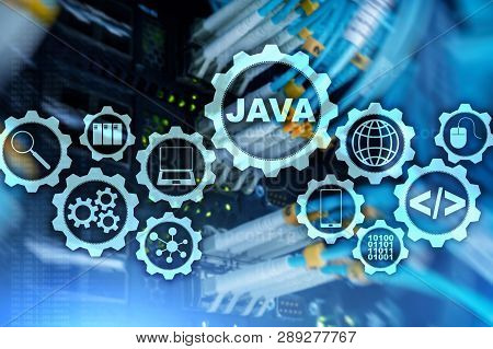 Java Programming Concept. Virtual Machine. On Server Room Background.
