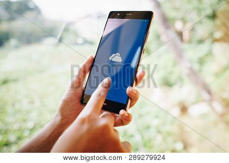 Chiang Mai, Thailand - Jan. 19,2019: Woman Holding Huawei With Onedrive On Screen. Microsoft Onedriv