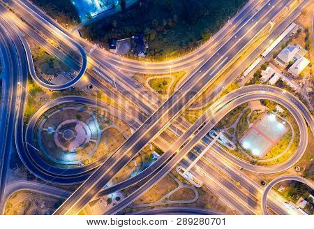 Bangkok Expressway Top View, Top View Over The Highway,expressway And Motorway At Night, Aerial View