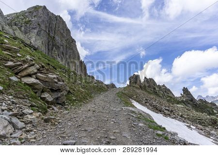 Summer View Of Mountain Trail Near The Le Brevent In The French Alps.