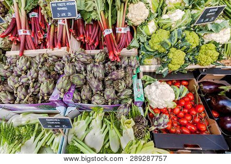 Copenhagen, Denmark - Sept 8: Organig Globe Artichokes, Tomatoes, Cauliflowerfor And Other Fresh Pro
