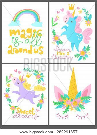 Sey Of Four Children Cards  With Unicorn