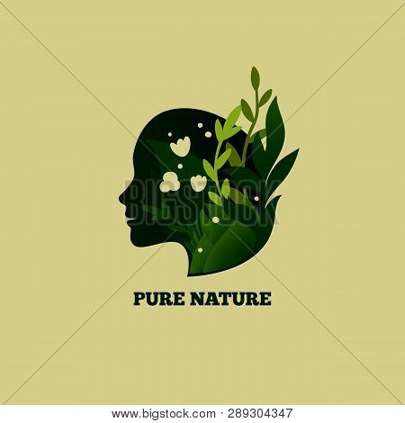 Beautiful Female Profile With Flowers And Leaves. Pure Nature Concept. Vector Symbol For Eco Product
