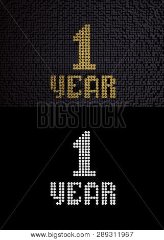 Golden Number One Year (number 1 Year) Dotted Font, Top View, With Dark Zero And One Background. Wit
