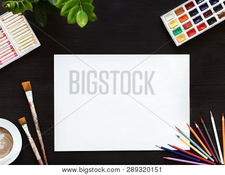 Artistic Background Concept, Creative Art Work Accessory Supplies Set, Album Paper, Paint Brushes, P