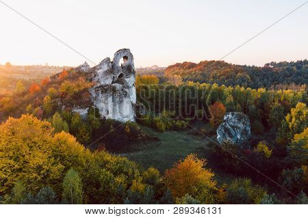 A Panoramic View Of The Unique Okiennik Rock In Poland With A Large Natural Window