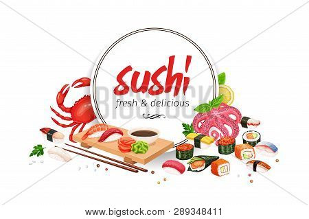 Sushi Banner, Japanese Food For Design Asian Cuisine Promotion Design. Vector Illustration.
