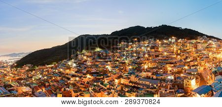 Panorama Of Gamcheon Culture Village At Night In Busan, South Korea.