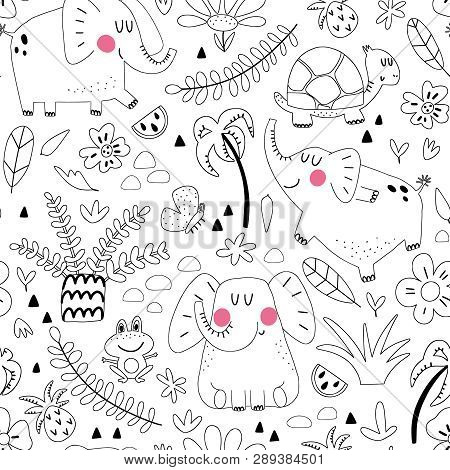 Cute Seamless Pattern Of Doodle Elephants In Contour Style With Leaves And Flowers On A White Backgr