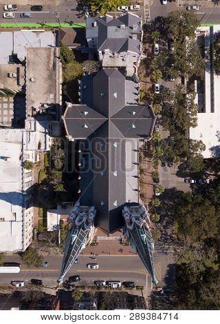 Unique straight down view of Cathedral of St John in downtown Savannah, Georgia, USA.