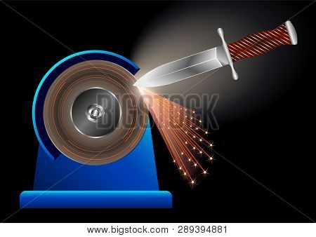 Knife Sharpening On A Grinding Machine. Beautiful Hunting Dagger Processed In The Workshop, Flying B