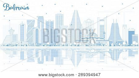 Outline Bahrain City Skyline with Blue Buildings and Reflections. Business Travel and Tourism Concept with Modern Architecture. Bahrain Cityscape with Landmarks.